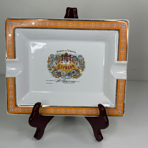 H Upmann Rectangular Porcelain Ashtray Orange Border Fabrica De Tabacos Logo